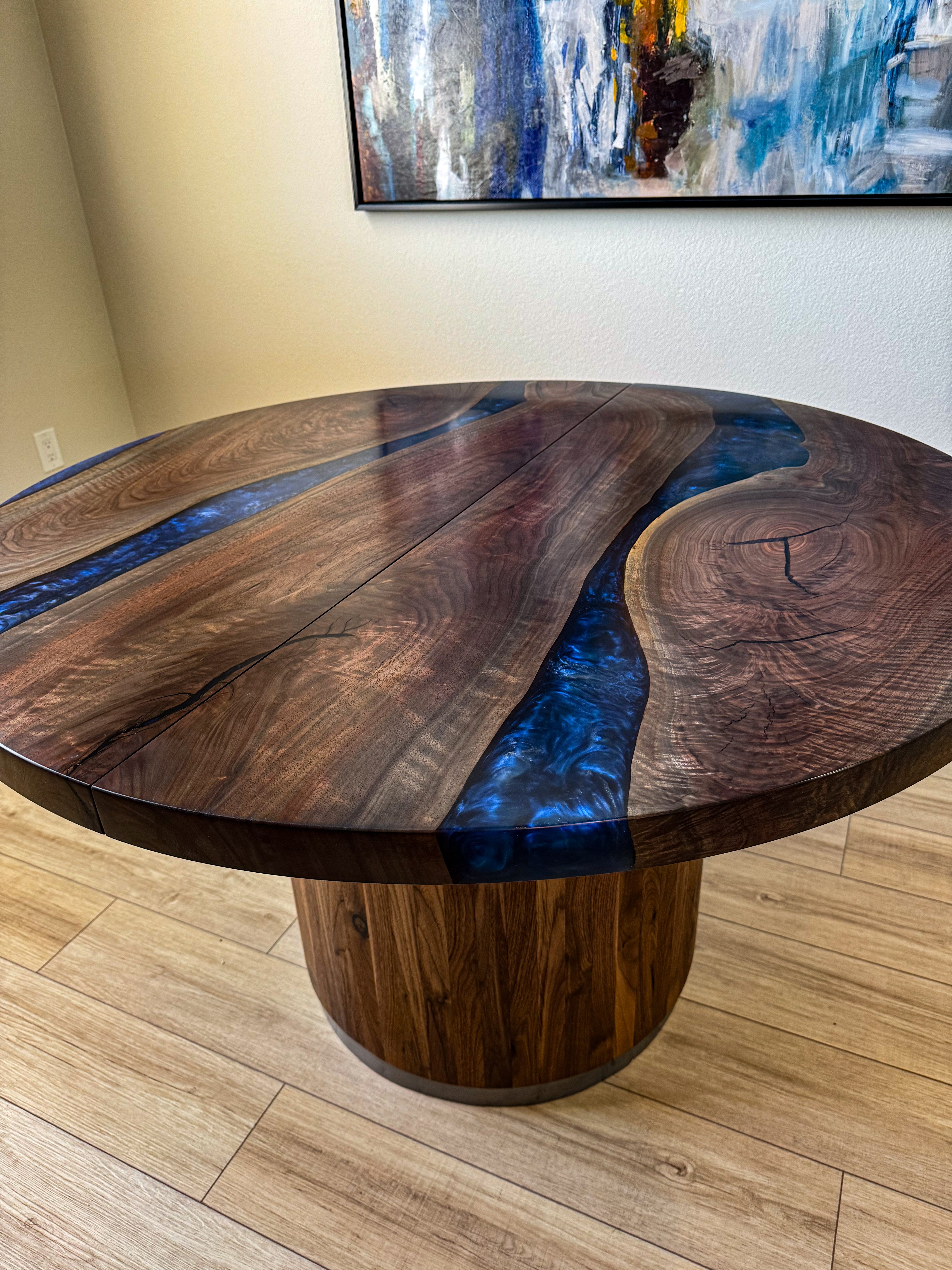 Round Table Solid Wood Black Walnut Leaf Table River Epoxy Pedestal Base 